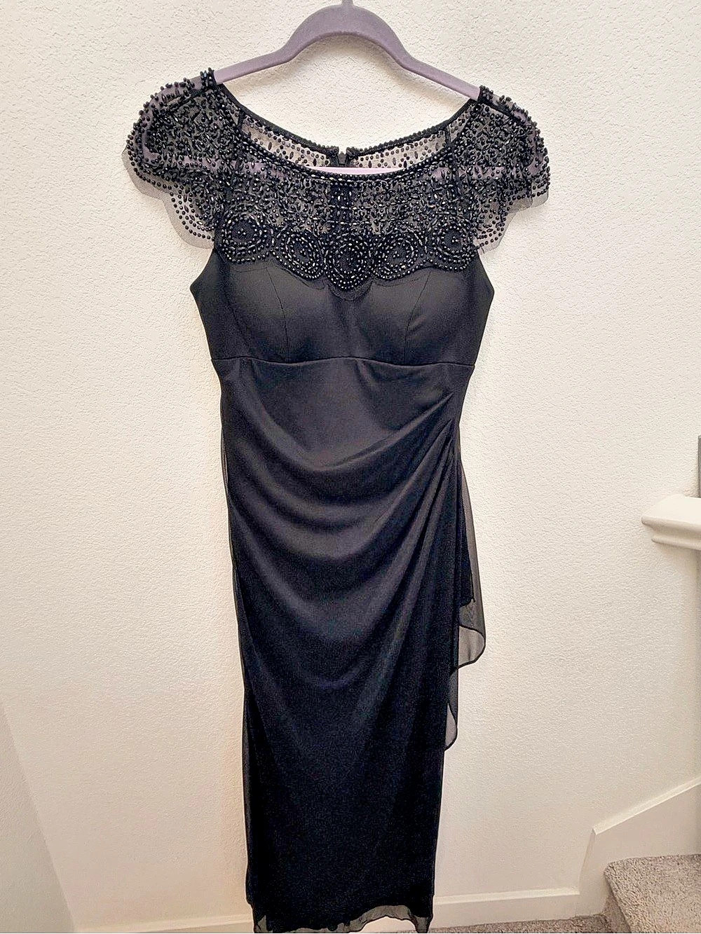 XSCAPE Beaded Yoke Cap Sleeve Illusion Ruched Cascade Ruffle Side Gown Ruched